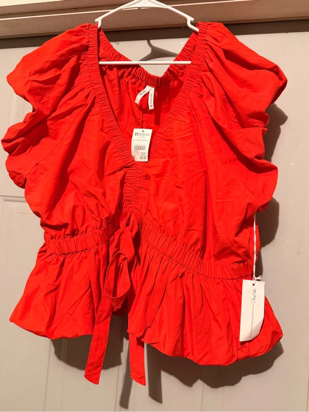 Truth Bright Red V-Neck Tie-Front Peplum Blouse